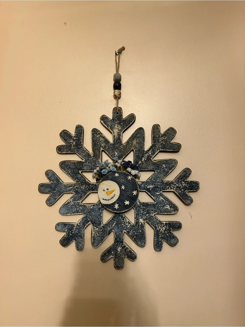 Rustic Navy Snowflake Wall Decor with Snowman Accent